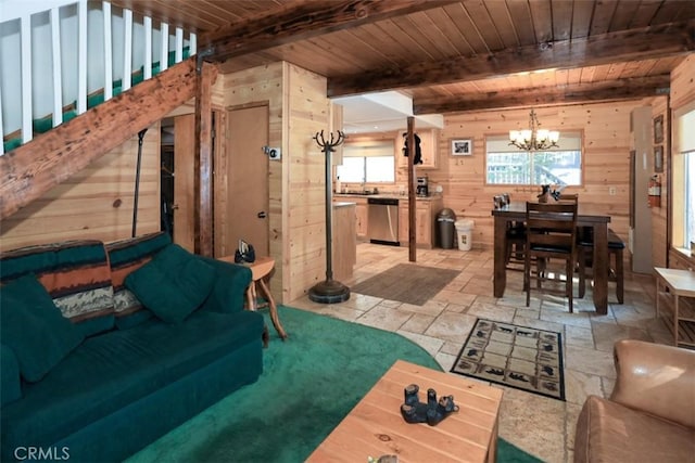 living room with an inviting chandelier, wood ceiling, beam ceiling, and wood walls