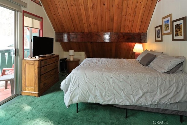 carpeted bedroom with wood walls, lofted ceiling with beams, and wooden ceiling