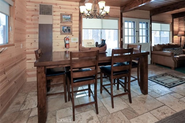 dining room featuring beamed ceiling, wooden ceiling, and wood walls