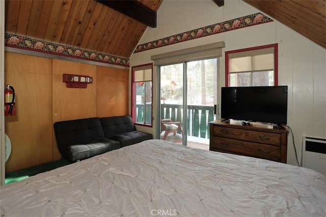 bedroom with wood ceiling, lofted ceiling with beams, and access to outside