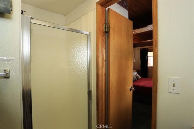 bathroom featuring a shower with shower door