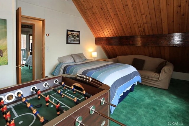 carpeted bedroom featuring vaulted ceiling and wooden ceiling