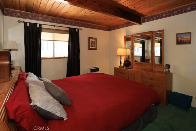 bedroom with multiple windows, wood ceiling, and beamed ceiling