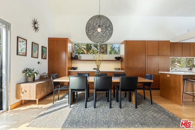 dining room with a high ceiling and light hardwood / wood-style flooring