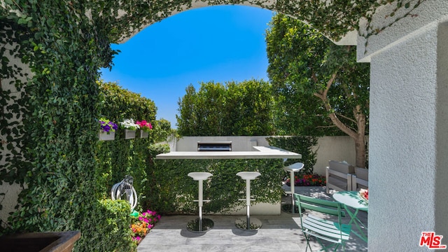 view of patio featuring an outdoor bar