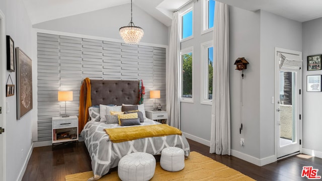 bedroom with dark wood-type flooring, access to exterior, vaulted ceiling, and a notable chandelier