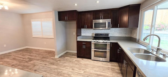 kitchen with light wood-style flooring, a sink, decorative backsplash, light countertops, and appliances with stainless steel finishes