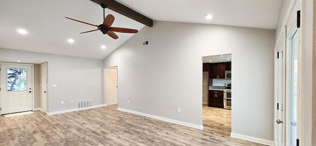 unfurnished living room with ceiling fan, visible vents, beam ceiling, and light wood-style flooring