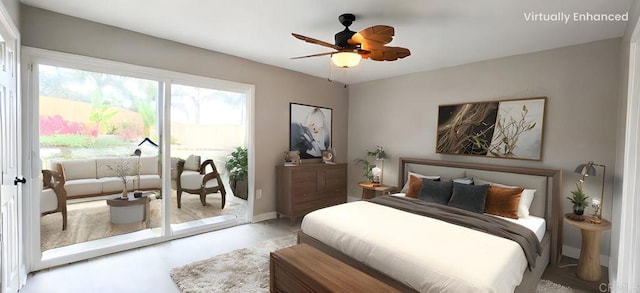 bedroom with ceiling fan, baseboards, and access to exterior