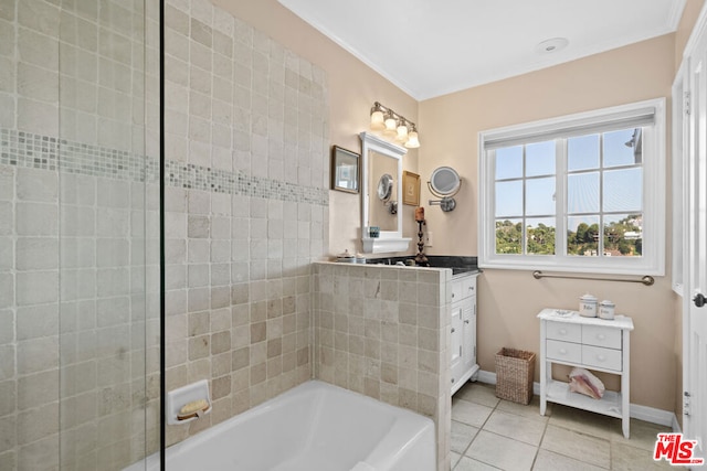 bathroom featuring tile patterned flooring, ornamental molding, separate shower and tub, and vanity