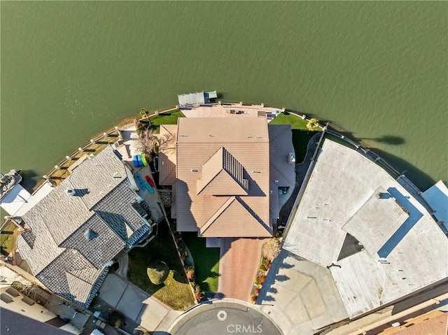 drone / aerial view featuring a water view