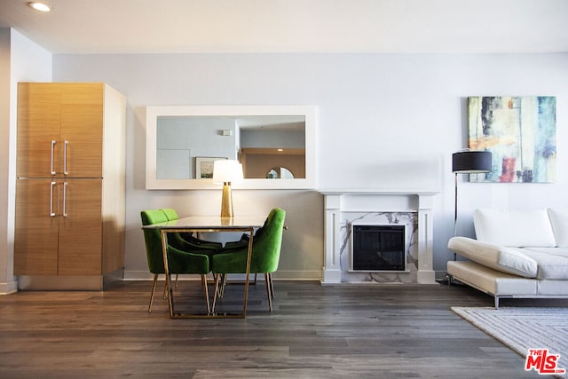 living area featuring dark hardwood / wood-style flooring and a premium fireplace