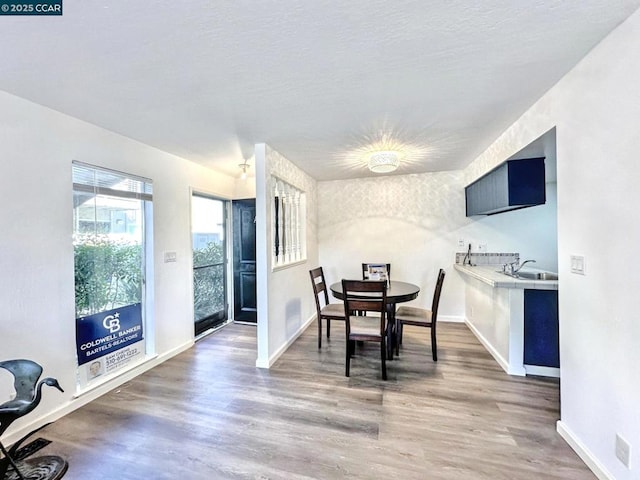 dining space with dark hardwood / wood-style floors and sink