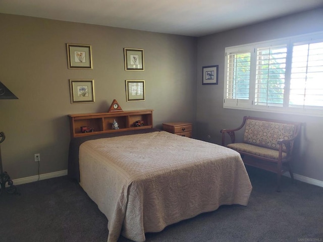 bedroom with dark colored carpet