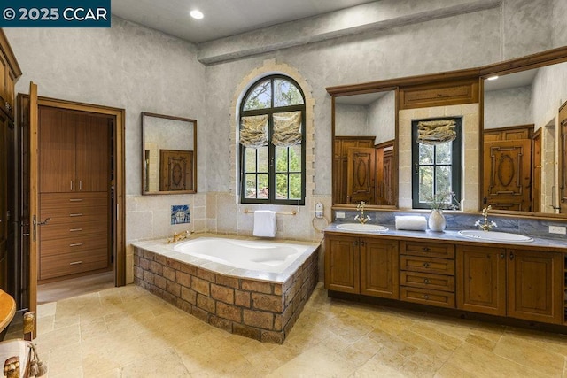 bathroom with plenty of natural light, vanity, and a washtub