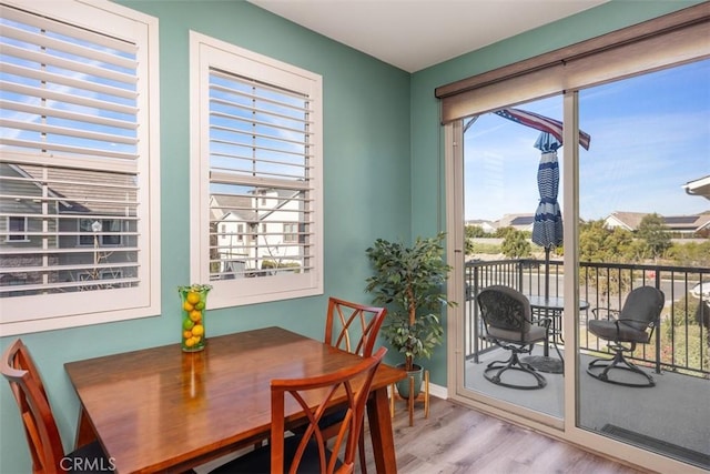 dining area with plenty of natural light and light hardwood / wood-style floors