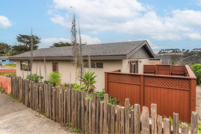 view of front of house with a fenced front yard, roof with shingles, and stucco siding