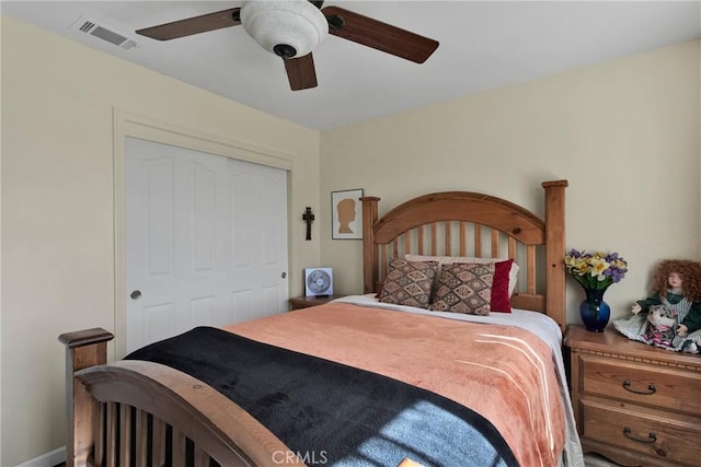 bedroom with ceiling fan and a closet