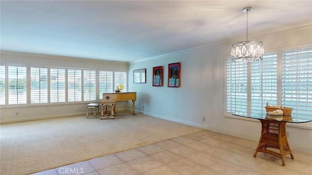 interior space with crown molding and a chandelier