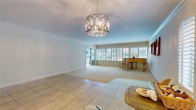 carpeted living room featuring ornamental molding and a notable chandelier