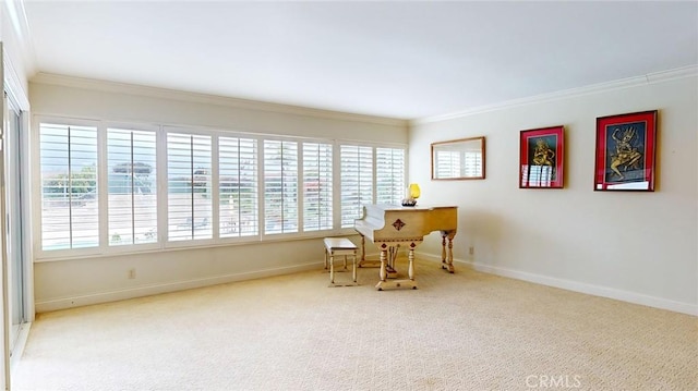 living area featuring crown molding and carpet