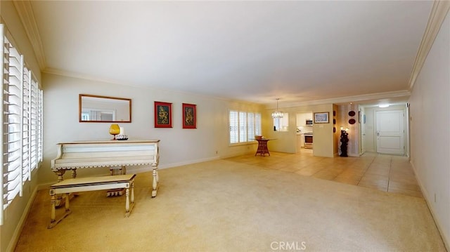 miscellaneous room with crown molding, carpet, and a notable chandelier