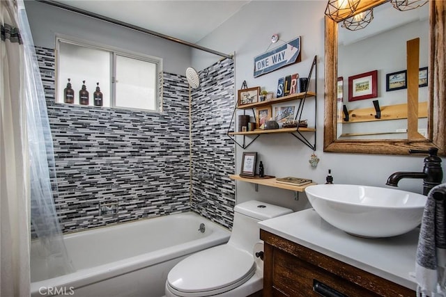 full bathroom featuring vanity, shower / bath combo, and toilet