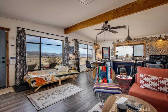 living room featuring dark hardwood / wood-style flooring, lofted ceiling with beams, and ceiling fan