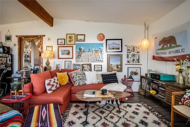 living room with lofted ceiling with beams and wood-type flooring