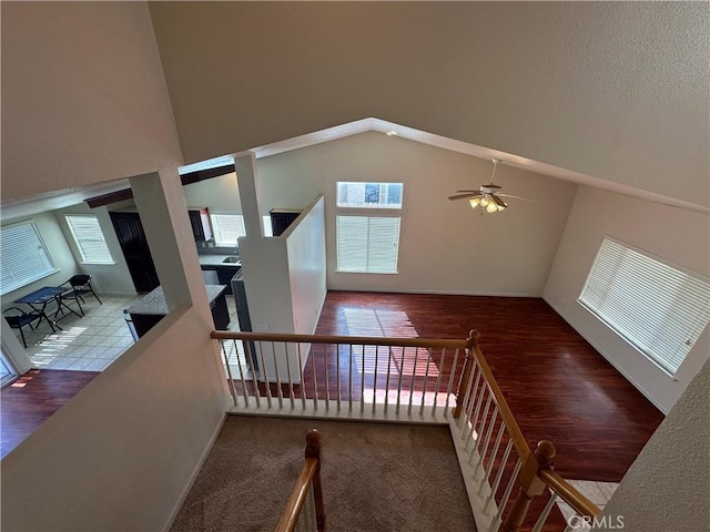 stairway featuring ceiling fan, carpet, and high vaulted ceiling