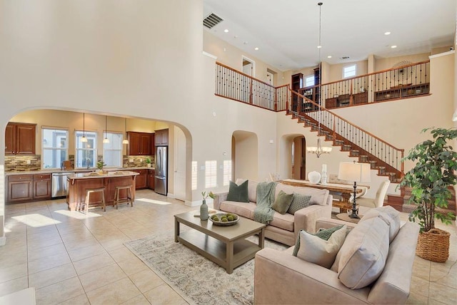 living room featuring light tile patterned flooring