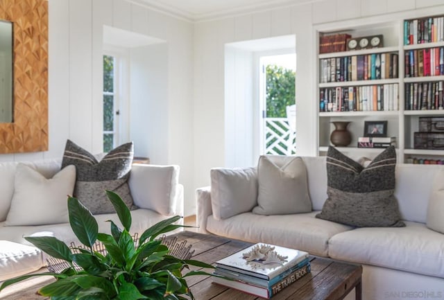 living room featuring ornamental molding