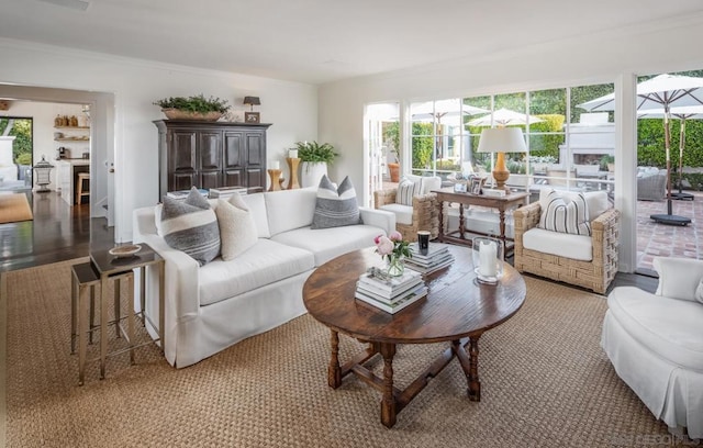 living room with ornamental molding