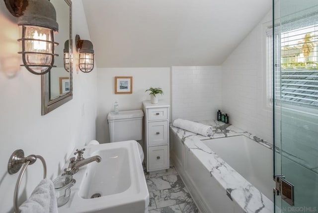 bathroom with toilet, sink, vaulted ceiling, and a washtub