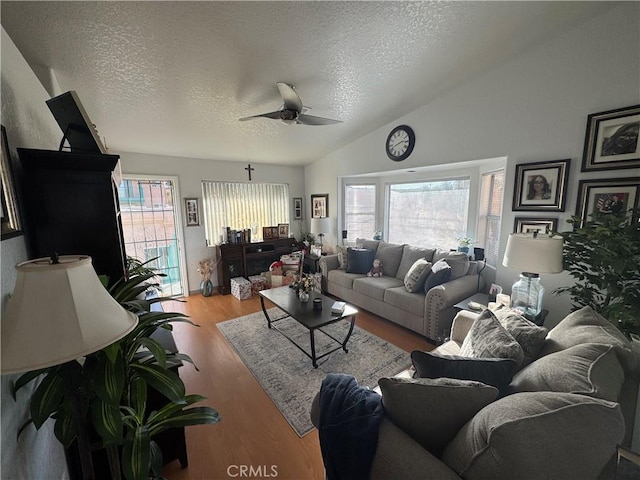 living room featuring a wealth of natural light, a textured ceiling, and light wood-type flooring