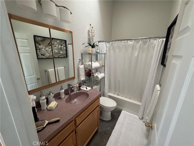 full bathroom featuring vanity, shower / bath combination with curtain, and toilet