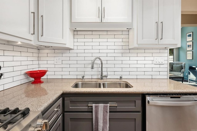 kitchen featuring sink, white cabinetry, light stone countertops, decorative backsplash, and stainless steel dishwasher