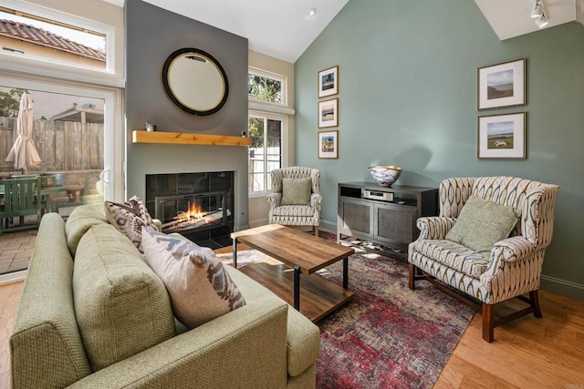 living room featuring hardwood / wood-style flooring, track lighting, and high vaulted ceiling