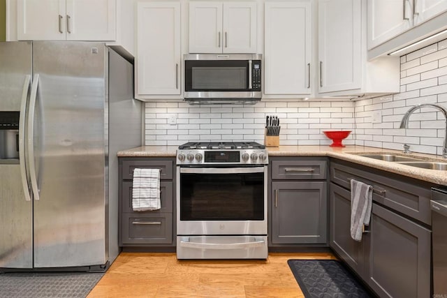 kitchen with white cabinetry, sink, gray cabinetry, decorative backsplash, and stainless steel appliances