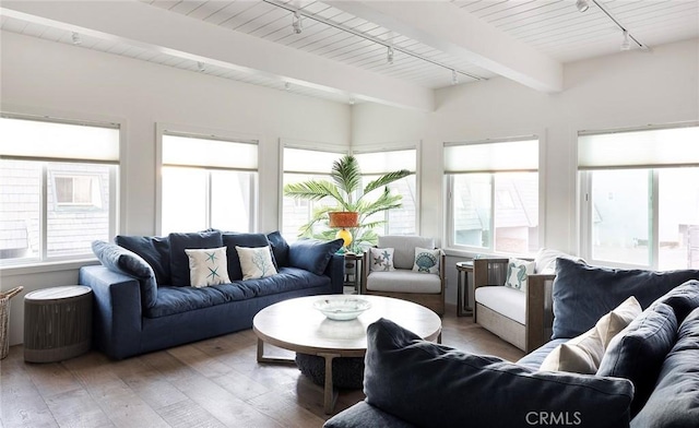 sunroom / solarium featuring rail lighting and beam ceiling