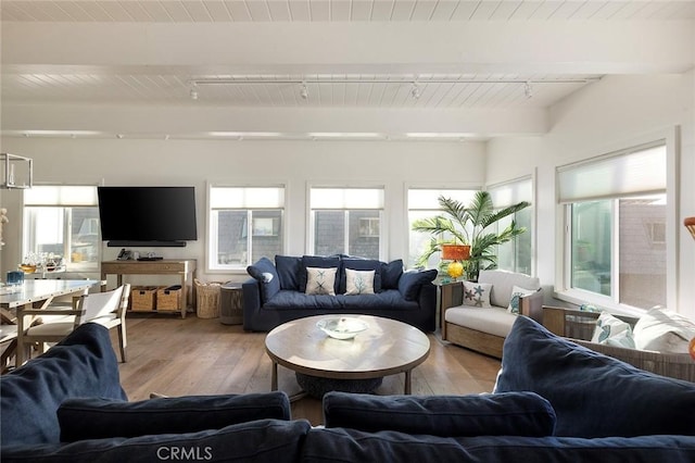 living room with beamed ceiling, hardwood / wood-style floors, track lighting, and wood ceiling