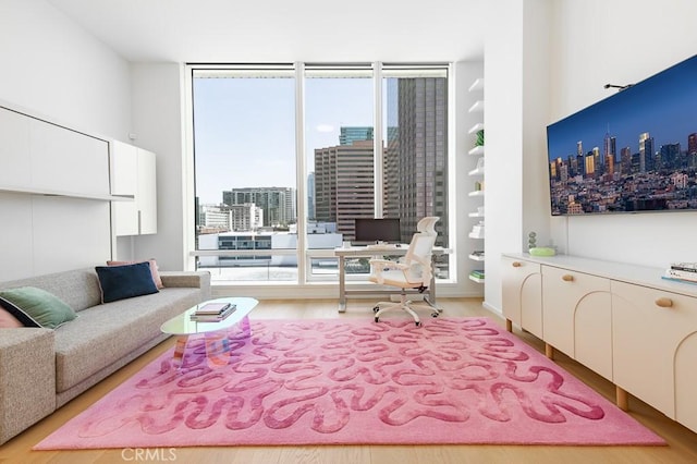 living area with expansive windows and light wood finished floors