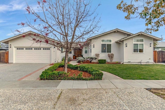 ranch-style house featuring a garage and a front lawn