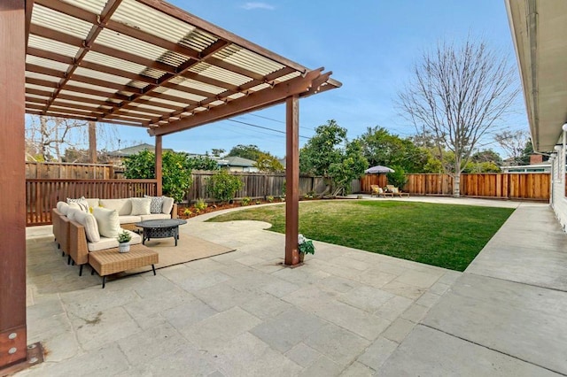 view of patio featuring an outdoor living space and a pergola