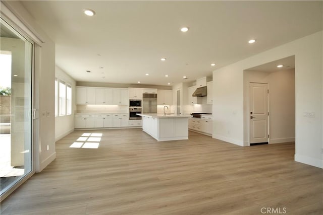 kitchen with built in appliances, recessed lighting, under cabinet range hood, and a sink