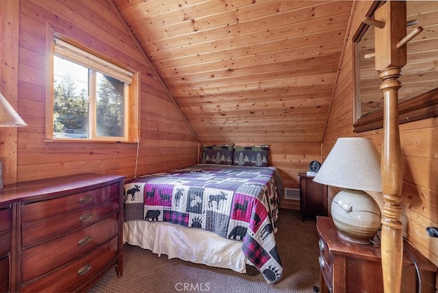 bedroom featuring carpet floors, wooden ceiling, vaulted ceiling, and wood walls