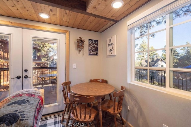 dining space with french doors, plenty of natural light, and wooden ceiling