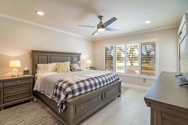 bedroom featuring crown molding, light tile patterned floors, and ceiling fan