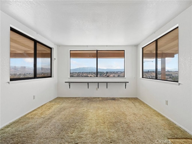 carpeted spare room featuring a mountain view, a textured ceiling, and a healthy amount of sunlight