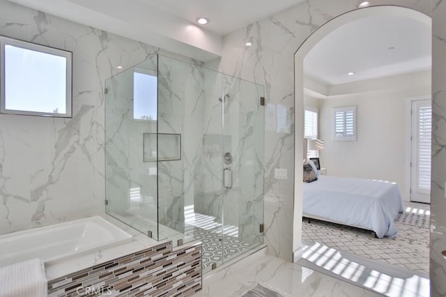 ensuite bathroom with marble finish floor, a garden tub, recessed lighting, ensuite bathroom, and a shower stall